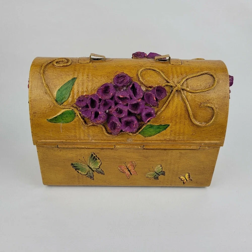 Vintage Decoupage Lunch Box Purse Folk Art  Paper Mache Flowers American Thermos